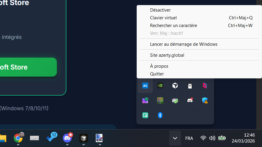 Icône AZERTY Global dans la barre des tâches avec menu contextuel